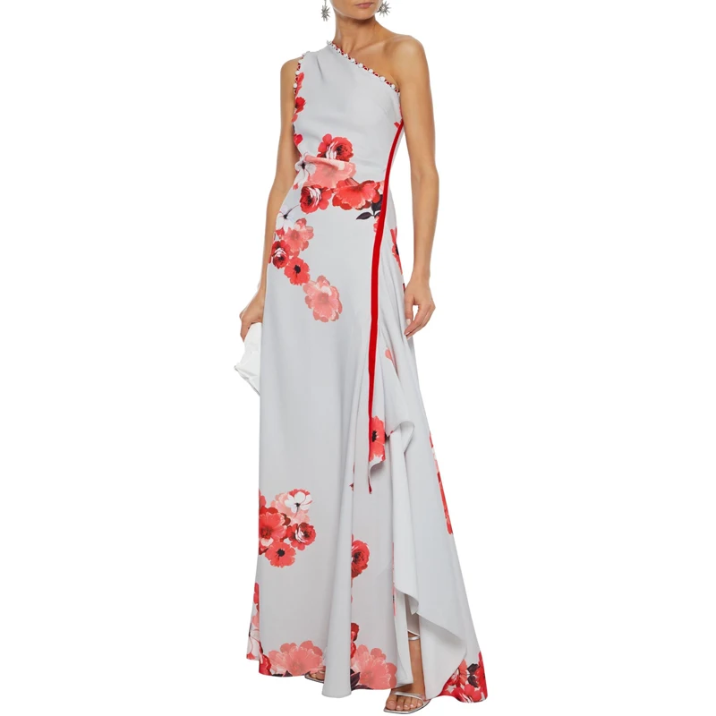 High Quality Runway Dress Women 2021 Sexy One-shoulder Floral Printed Pleated Maxi Dresses Jupe Longue Femme