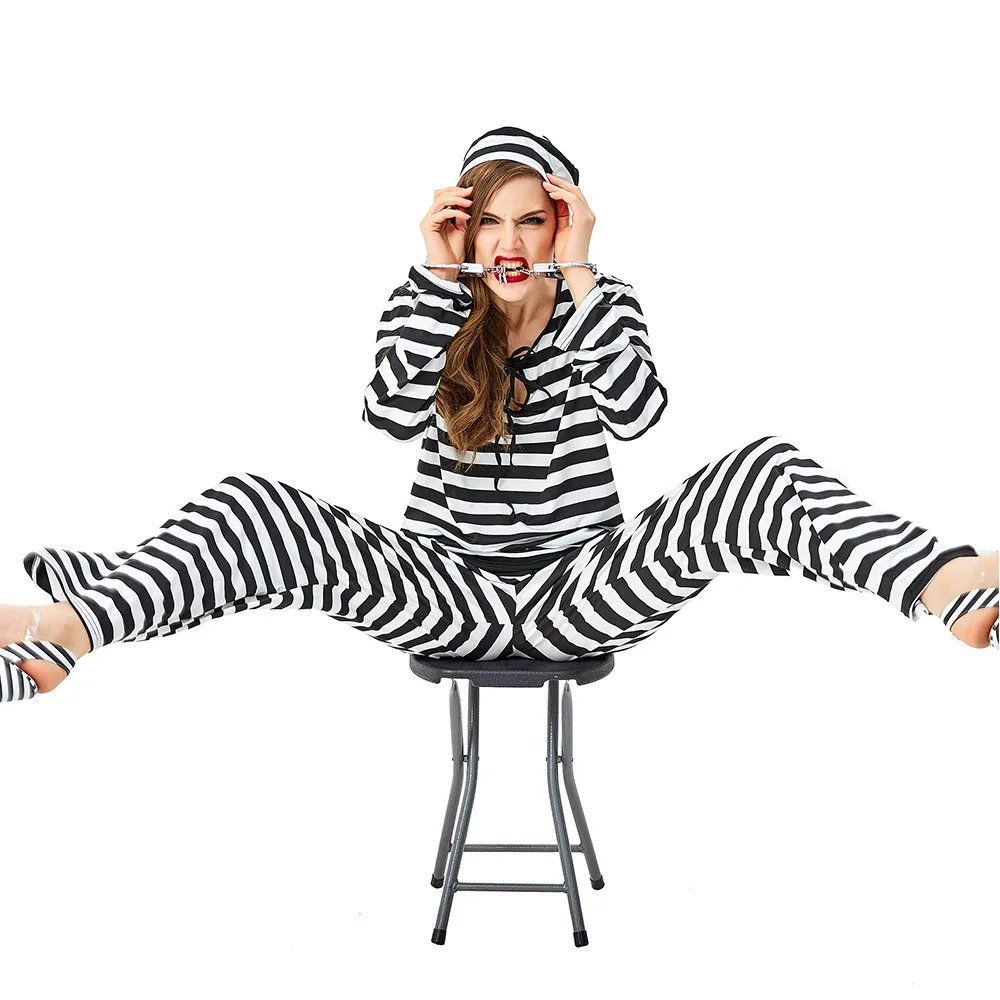 Классическое платье для женщин на Хэллоуин одежда заключенных косплей полосатый
