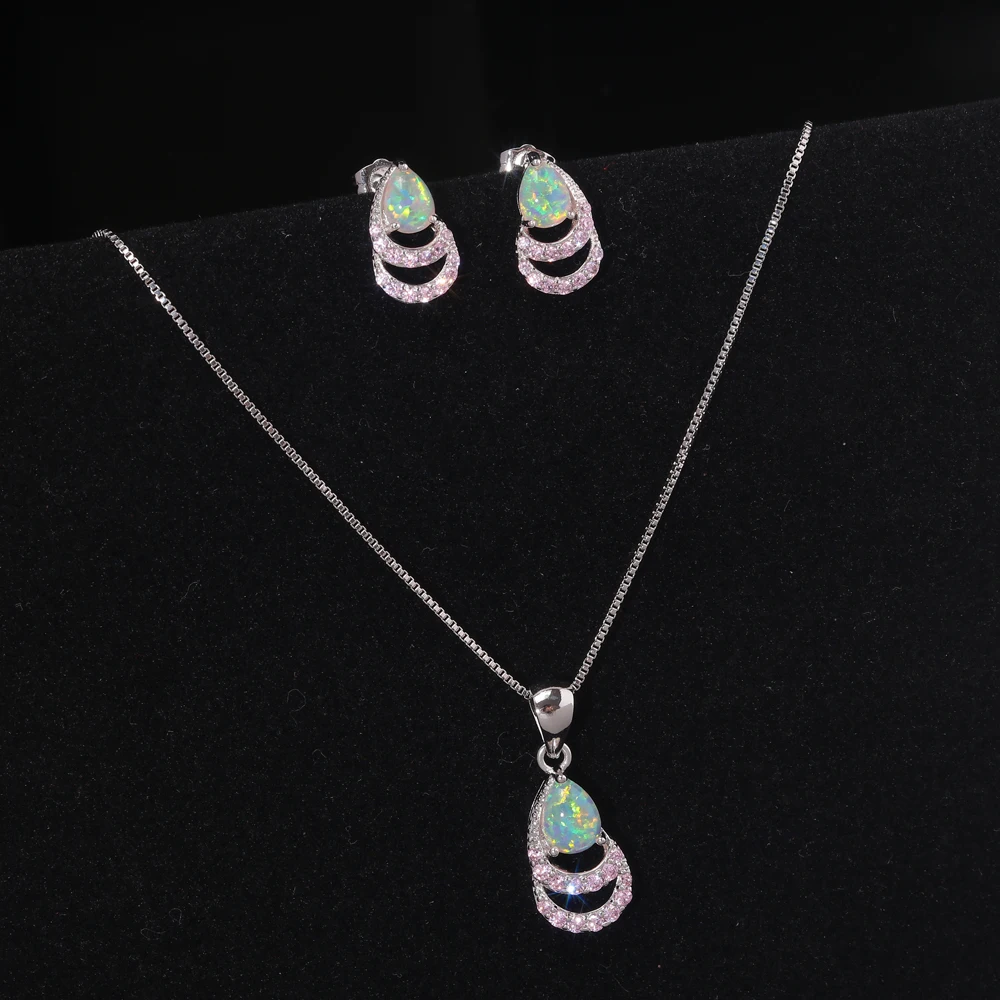 Женский комплект украшений CiNily сережки-гвоздики с розовым огненным опалом и