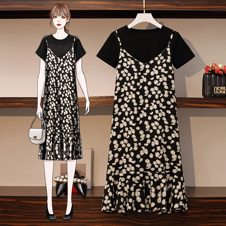 

4XL Plus Size Women Two Piece Dress Summer 2021 Cotton Short Sleeve T shirts and Spaghetti Straps Chiffon Floral Ruffle Dresses