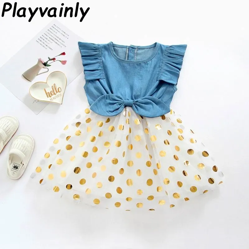 

Kids Dresses for Girls Cute Bow Sequins Polka Dot Denim Sleeveless Summer Dress Kids Clothes E21938