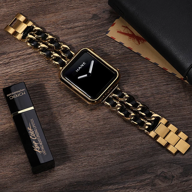 Cuban Link Strap for Apple watch 6 band 40mm 44mm iWatch serie SE 5 4 3 Leather+Metal Bracelet 38mm 42mm | Наручные часы