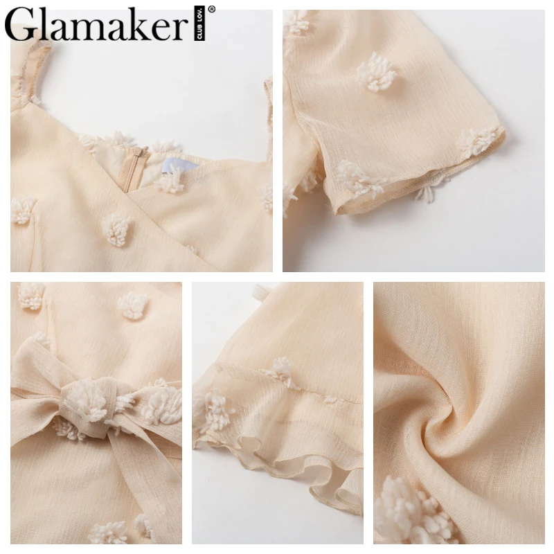 Женское короткое платье с пышными рукавами Glamaker элегантное Сетчатое миди