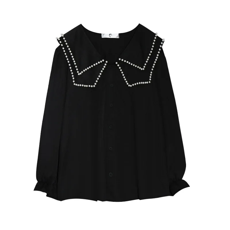 

21 Spring and Autumn New Large Size French Baroque Retro Shirt with Foreign Pearl Collar and Long Sleeve Shirt blouse