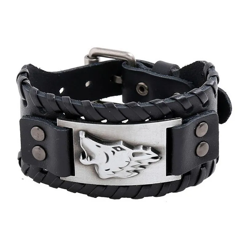 

Retro Personality Men Wide Bangle Nordic Viking Designer Charm Wolf Head Bracelet Leather Weave Adjustable Wristband Jewelry