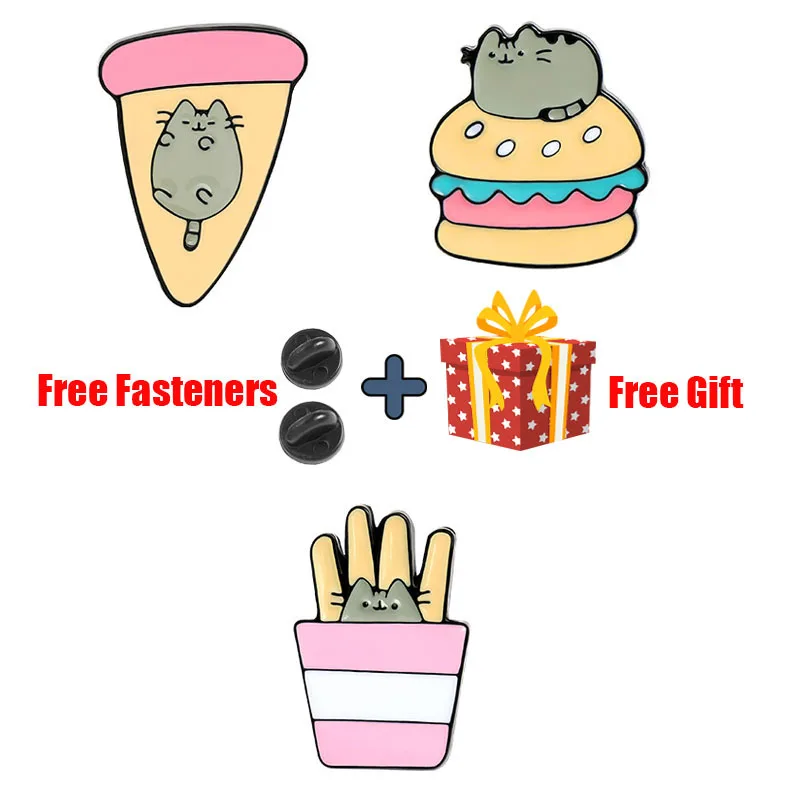 

Meow Black Cat Pizza Fries Enamel Pins Cute Kitten Hamburger Animal Brooches Lapel Bag Cartoon Food Badge Jewelry Gift Friends