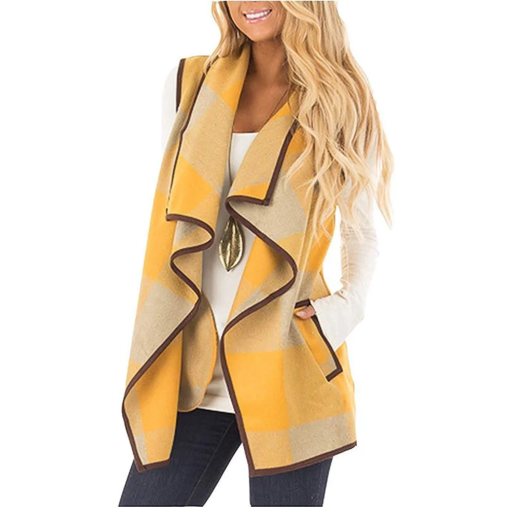 

2020 European and American sleeveless tartan large lapel cardigan jacket vest women
