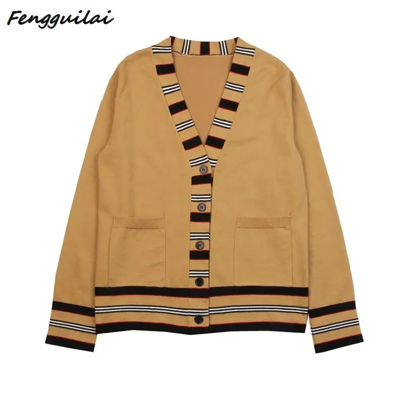 

Женский трикотажный кардиган в полоску, повседневный тонкий трикотажный кардиган составного кроя в стиле ретро с длинными рукавами и принт...