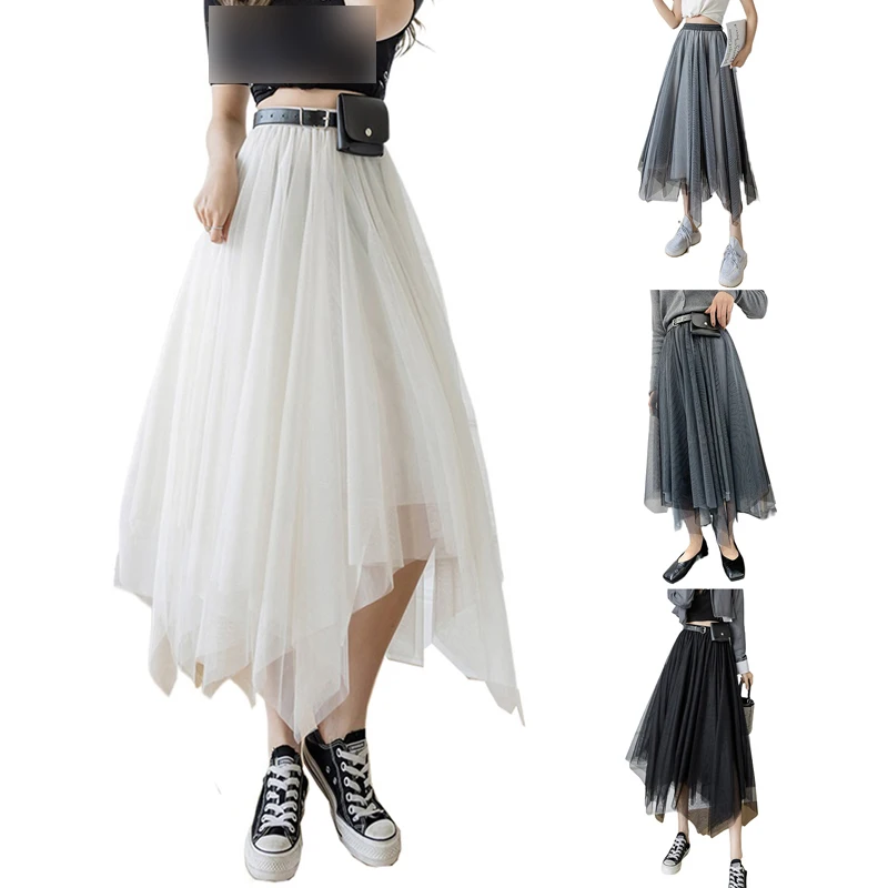 

Kayotuas Women Skirt Summer Mesh Tulle A-Line Asymmetrical Solid Layer High Waist Elegant Ladies Clubwear
