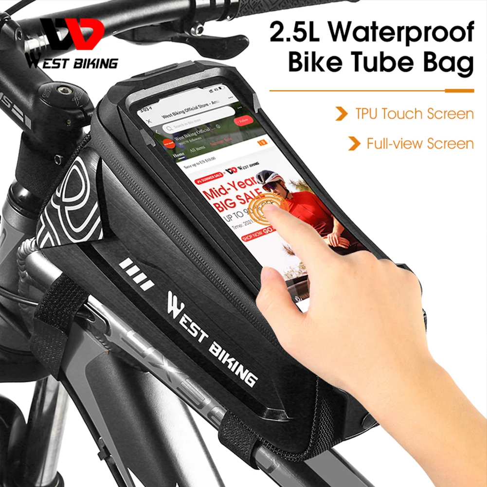 

WEST BIKING 2.5L Водонепроницаемая велосипедная сумка, велосипедный передний держатель сотового телефона с сенсорным экраном, верхняя трубка, вел...