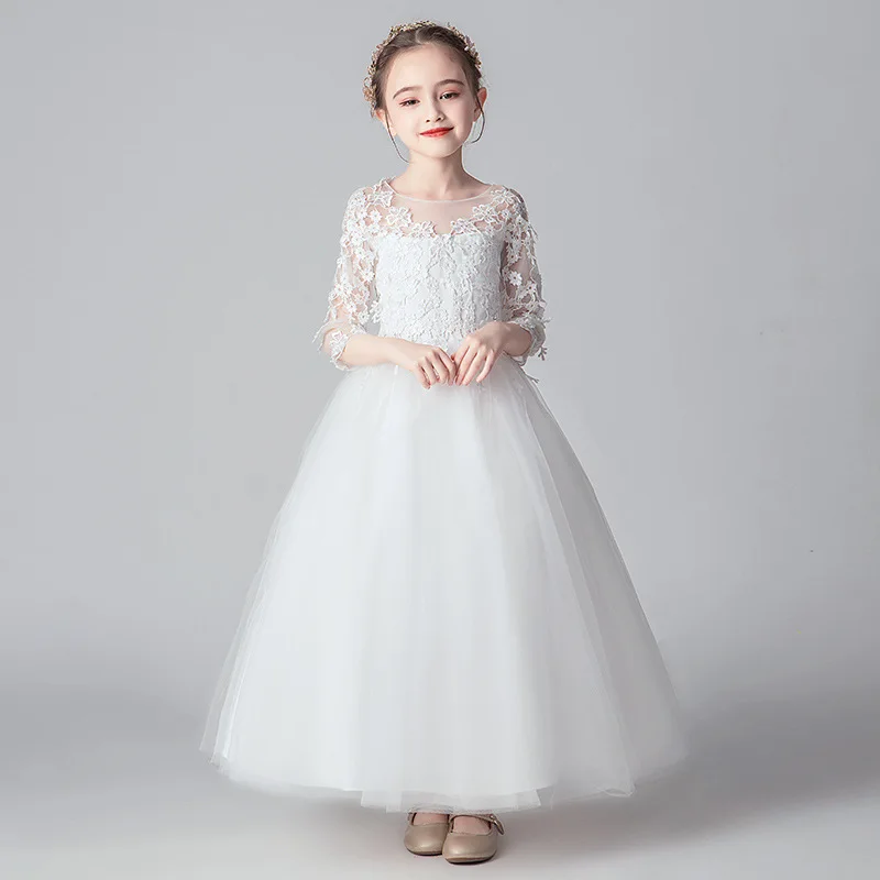 

Exquisite Kids Girls Ankle-length Flower Girls Event Party Dresses with Sleeves Elegant Children White Princess Celebration Gown
