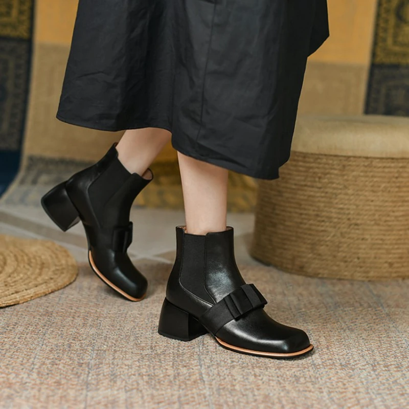 

New Fall/Winter Shoes Women Sweet Bowknot Cute Shoes Square Toe Chunky Boots Women Leather Ankle Boots 2021 Fashion Women Shoes