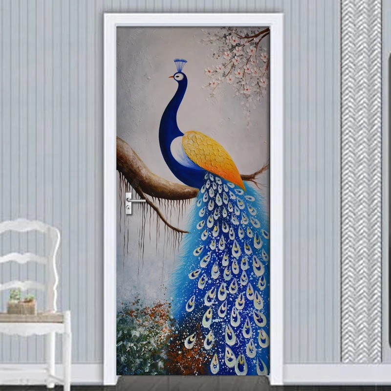 Самоклеящиеся дверные наклейки сделай сам картина маслом с павлином цветком