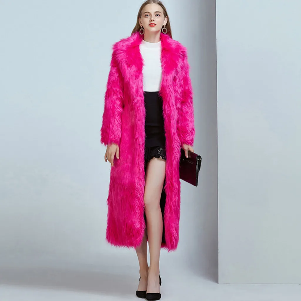 Ladies Faux Fur Wool Lamb Long Coat Fashion Women Outwear Long Sleeves Warm Coat Plush Jacket Long Overcoat Solid Plus Size