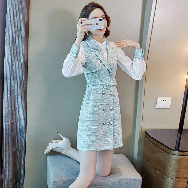 Женский твидовый костюм из двух предметов элегантное модельное платье мини без