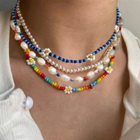 summer bohemian women colorful rice bead strand beaded choker necklace simple geometric round pearl collar jewelry accessories