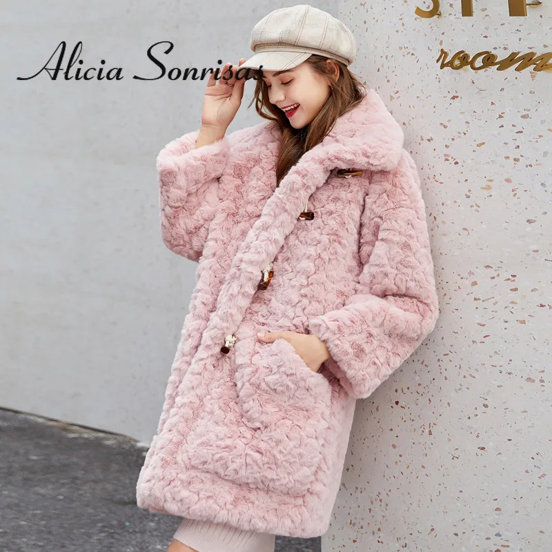 

Женское зимнее пушистое пальто из искусственного меха кролика Рекс, свободное теплое однотонное пальто с пряжкой из рога, длинными рукавами и розовыми карманами, модель 2021 года