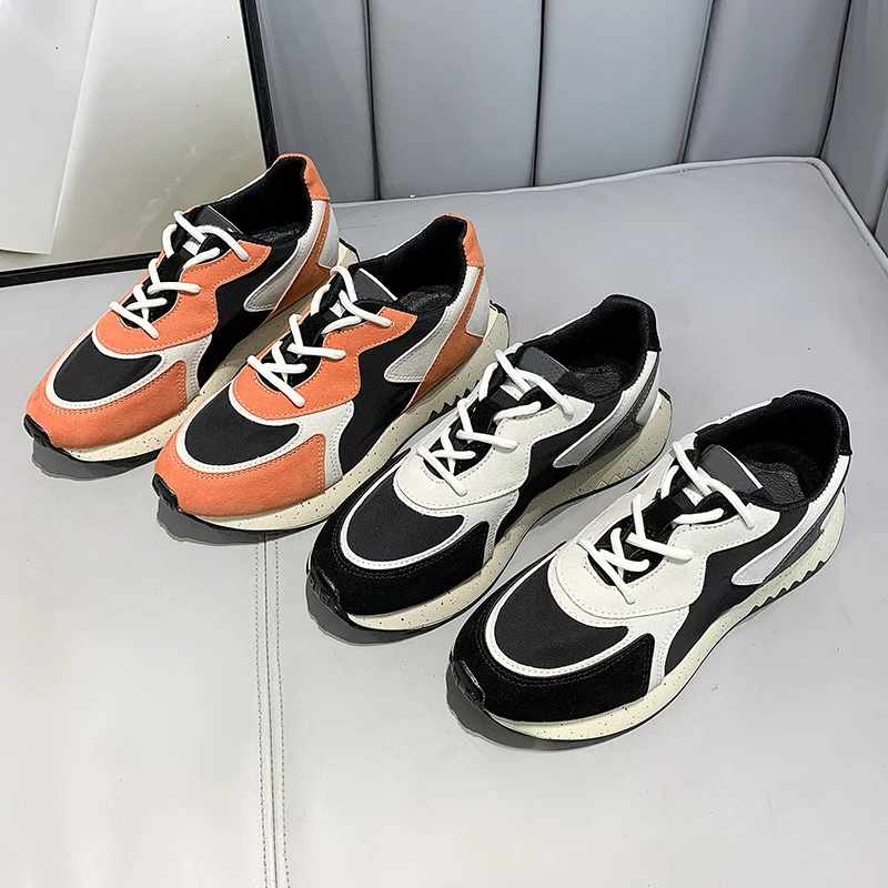 

2021 New Platform Shoes Women Round Toe Lace Up Black Running Shoes Woman Casual Splicing Cow Suede Orange Travel Sneaker Female