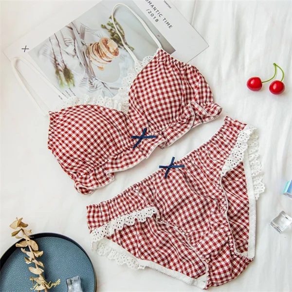 Японские Женские милые клетчатые комплекты без косточек бюстгальтер и трусы