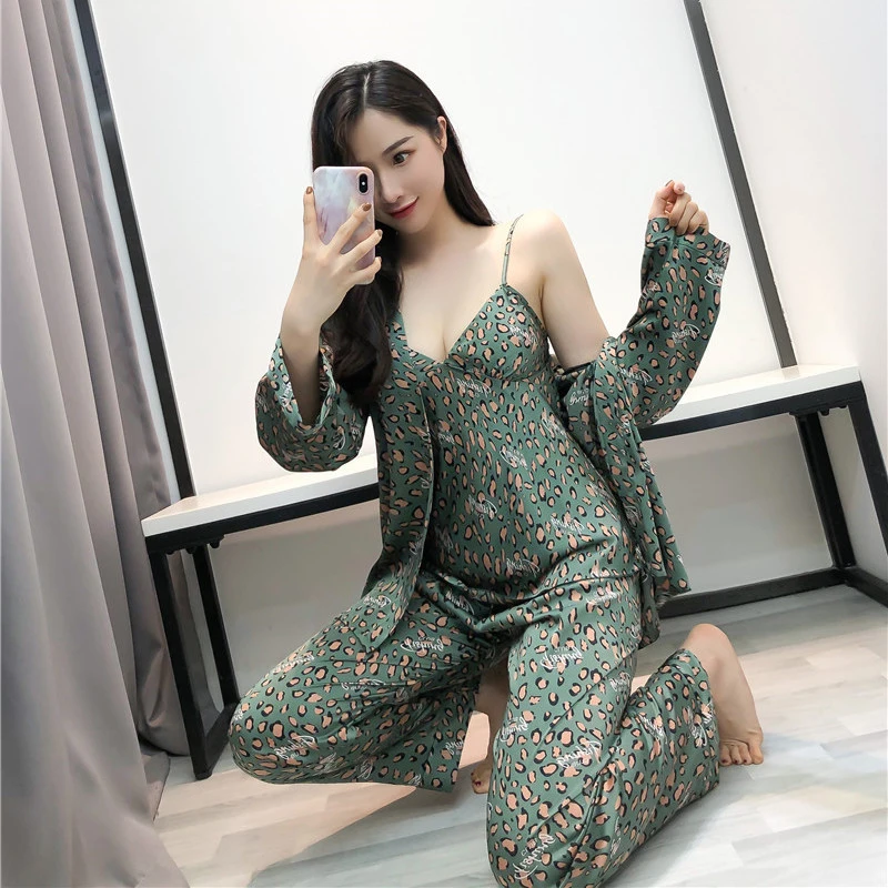 2020 New 3 PCS Women Pajamas Sets with Pants Sexy Pyjama Satin Flower Print Nightwear Silk Negligee Sleepwear | Женская одежда