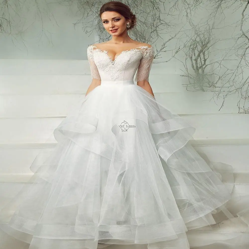 

Vintage Half Sleeves Princess Wedding-Dresses White Ivory Beautiful Lace Bridal Gown Vestido De Noiva