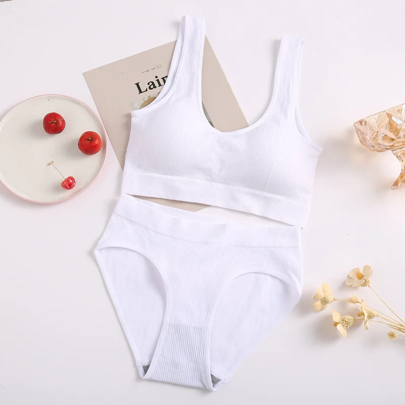 

HECTIC Solid Color Women's Sexy Underwear Bra Set Sports Top Underpants Seamless Half-length Sling Bra Crop Top Underwear Set