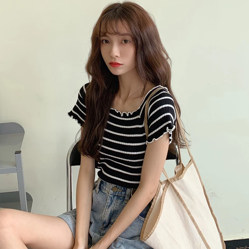 

Female Korean Harajuku Casual Striped Ins Retro T-shirt Women's T-shirts Tops Japanese Kawaii Ladies Ulzzang Clothes For Women
