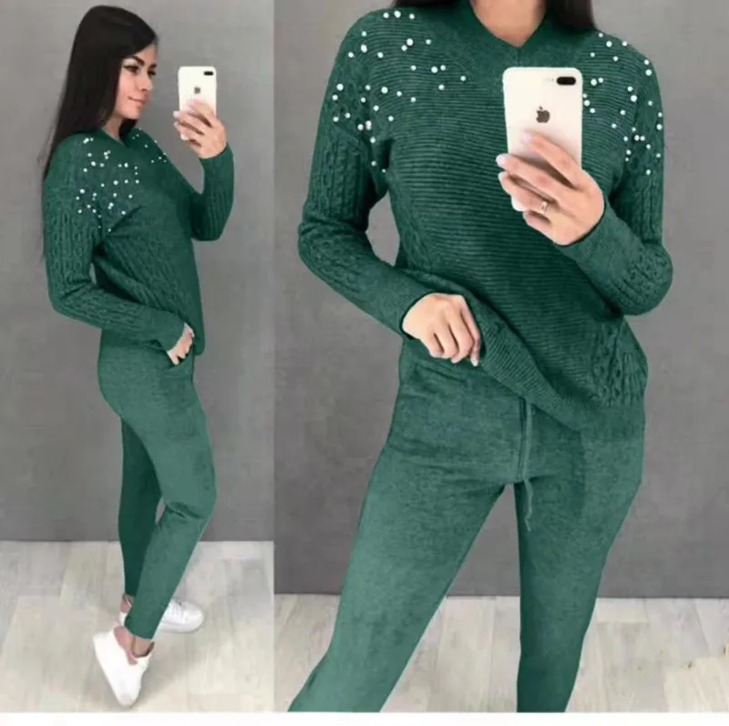 

Real V-neck Full Drawstring Blends Beading New Knit Suit Fashion Beaded Sweater And Trousers 2 Piece Female Pullover Casual