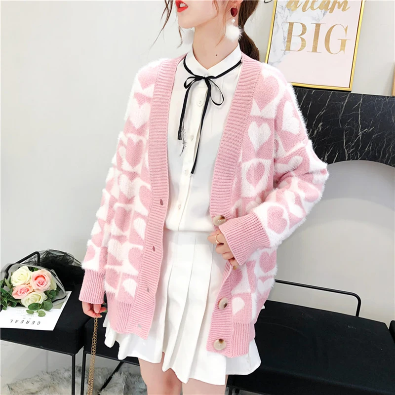 Свитер с узором из сердечек женский длинный кардиган бархат плюс размер мохер