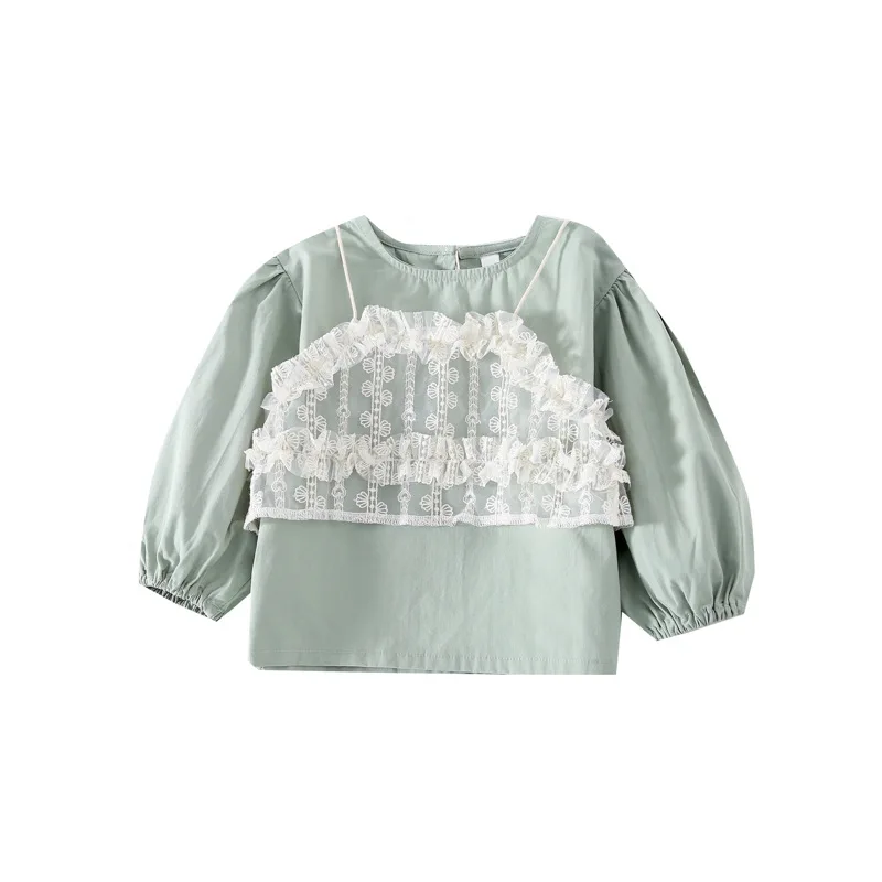 

WLG Girls Blouse Kids Clothes Spring Fall Sky Blue Long Sleeve Shirt with Lace Strap Vest Baby Girl Casual Tops for 1-5 Years
