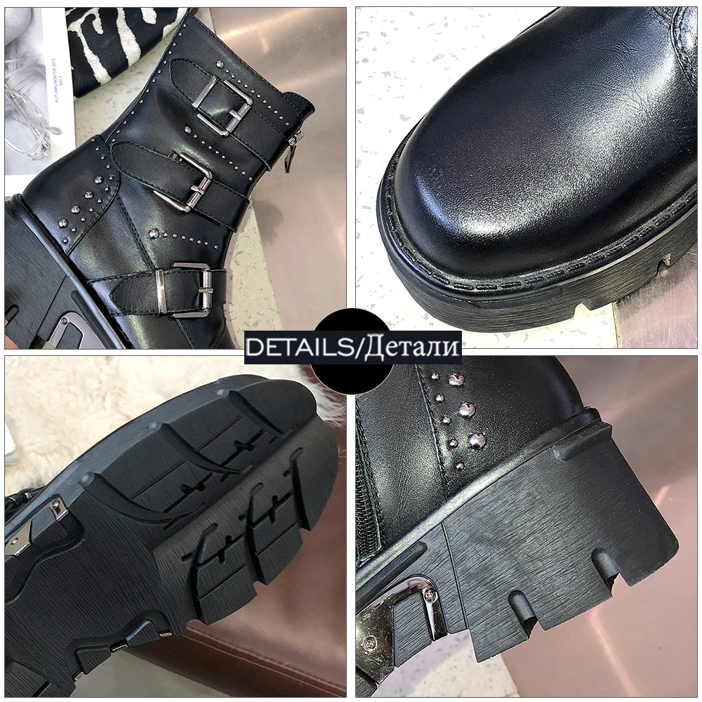 

WETKISS Genuine Leather Boots Women Motorcycle Ankle Boots Buckle Rivets Wedges Shoes Platform Square Toe Woman Shoes 2021