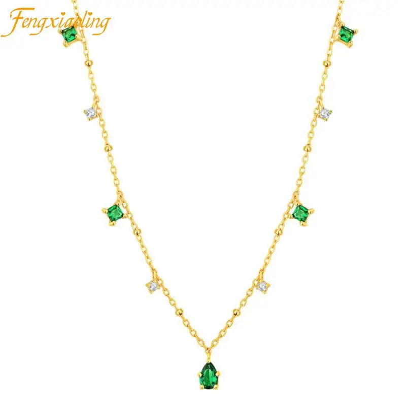 

Fengxiaoling New Fashion Green Zircon Chokers Necklaces For Women 925 Sterling Silver Simple Water Drop Necklace Jewelry 2021