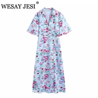 wesay jesi womens clothing dress fashion short sleeve elegant long dress woman vintage chic side high split floral print dress