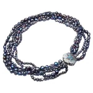 GuaiGuai Jewelry 5 Strands Natural Black Keshi Baroque Pearl Necklace For Women