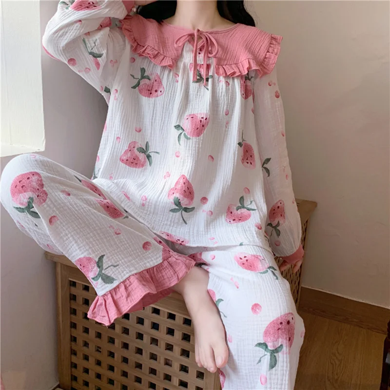 

Strawberry Print Pajama Sets Kawaii Korean Home Suit Ruffles Pockets Sleepwear Homewear Nightgown Cute Long Pants Cotton A048