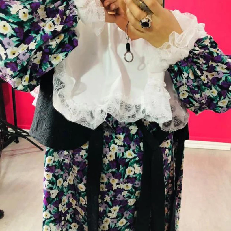 

[EAM] Women Big Size Floral Print Ruffles Dress New Peter Pan Collar Puff Sleeve Loose Fit Fashion Spring Autumn 2021 1DD6846