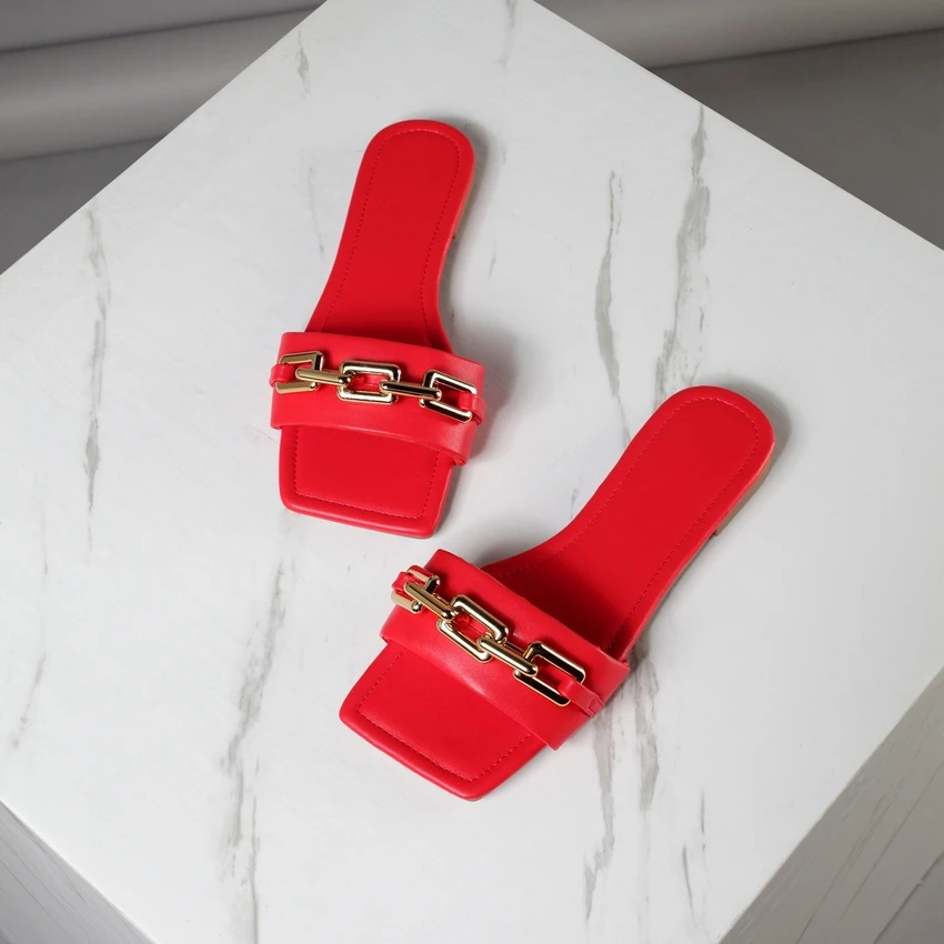

2021 Summer New Fashion Women's Slippers Metal Decoration Square Toe Open Toe Solid Color Ladies All-match No-slip Slippers