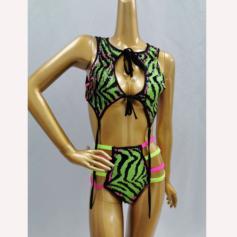 Mix Sequin Embroidery Glitter Embellished Bikini Swimsuit Set Women 20 EDC Dress Rave Cosplay Costumes Carnival Party | Тематическая