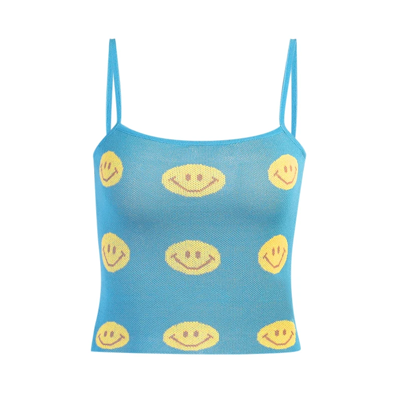 

Beyouare Knit Casual Smiley Print Tank Women's Cropped Top Sling Sleeveless Slim Solid Camis 2021 Summer Sexy Elegant Base Vest