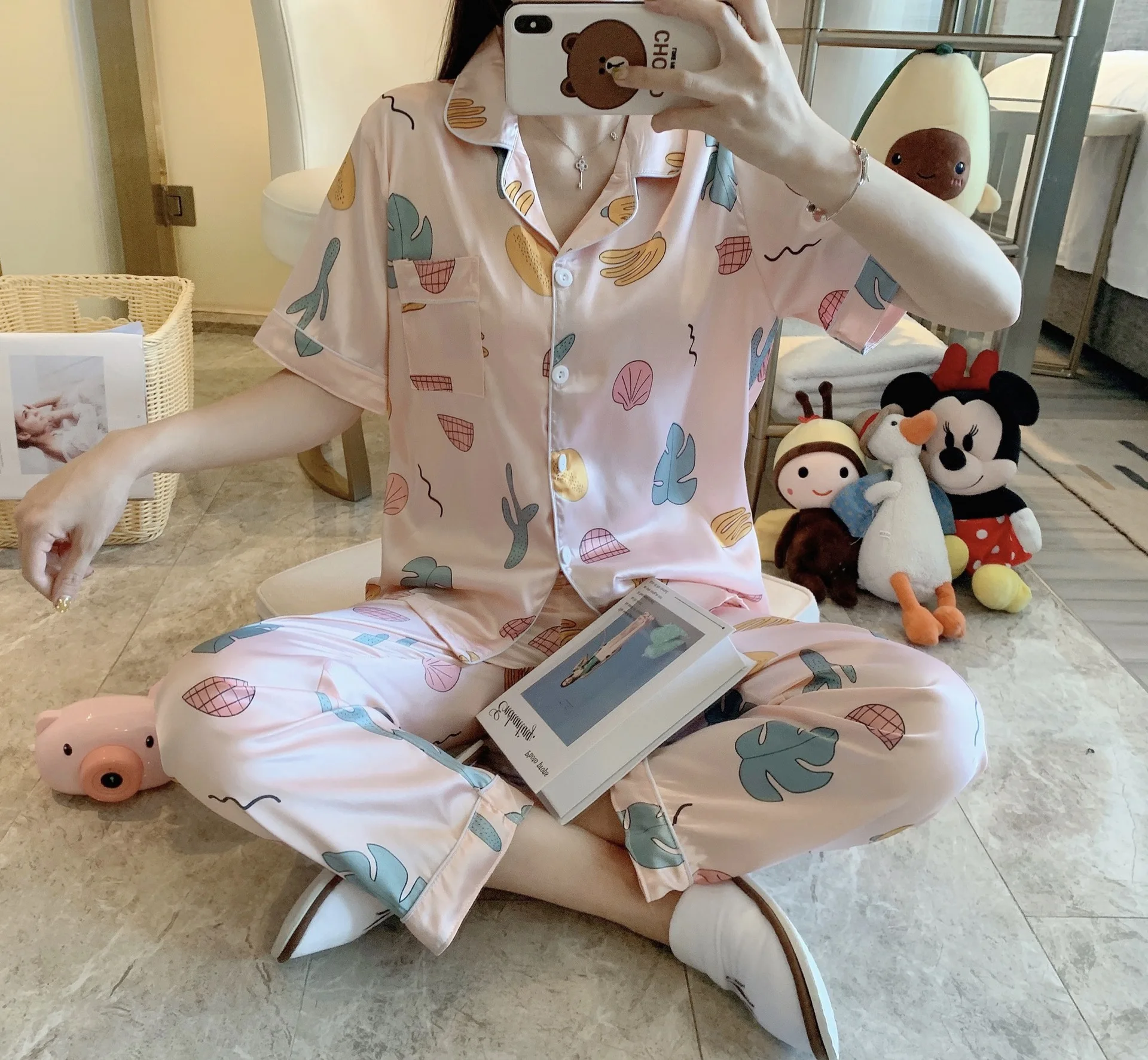 

Satin Sleepwear Women Short Sleeve Trousers Suit Faux Silk Pajama Sets Plus Size Two Piece Homewear Female Fashion Print Pajamas