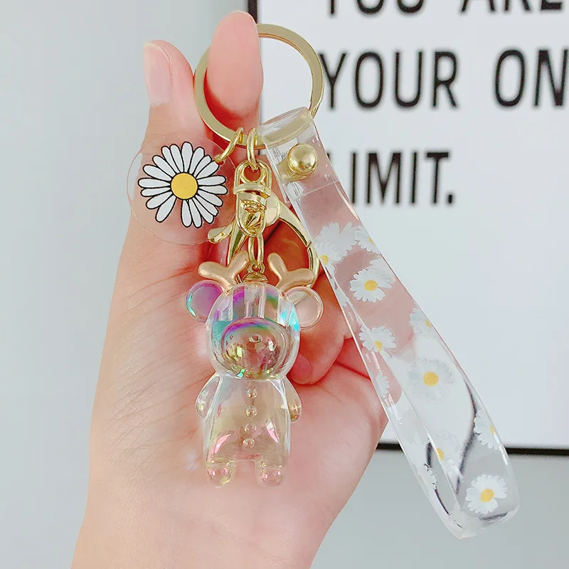 

Cartoon Crown Bear Daisy Keychain Cute transparent Small Deer Keyring Car Key Backpack Metal Pendant Trinket Charm Women Gift