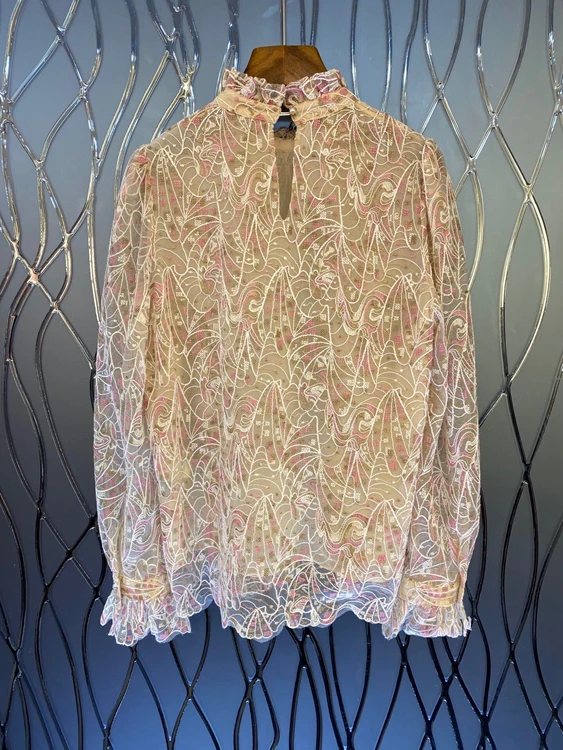 

2021 spring new women's fashion ear edge neckline printing decorative horn long sleeve versatile top 305