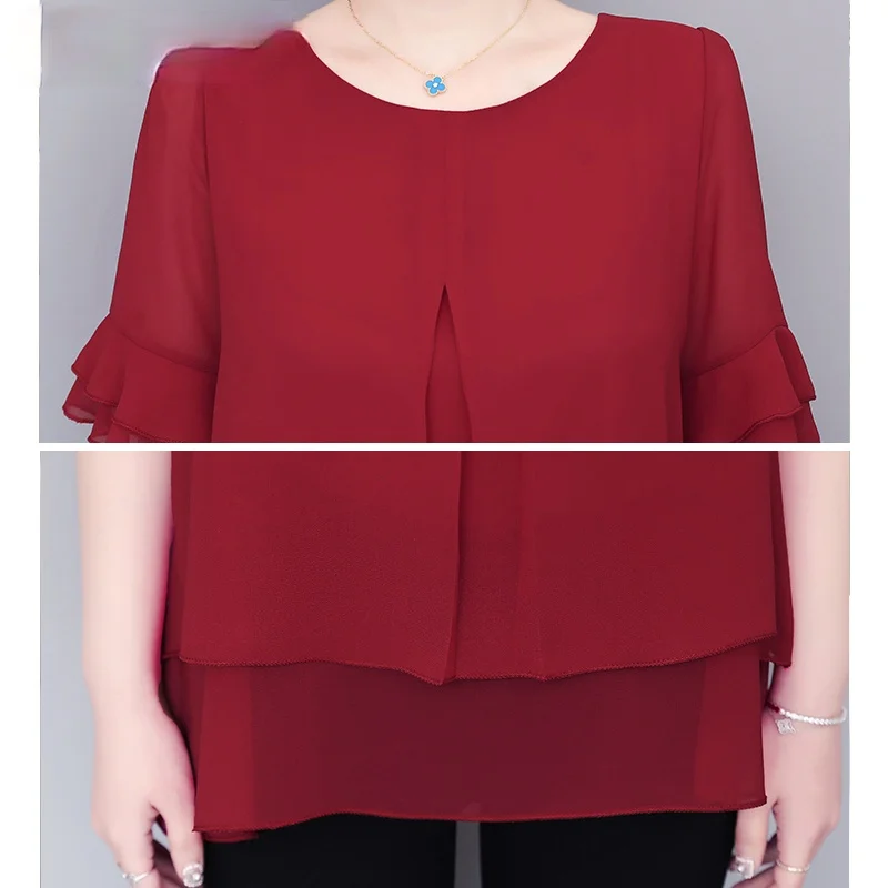 

Chiffon Blouse Women Summer Short Sleeve Blouses O-neck Loose Casual Oversize Shirts Solid Plus Size Tops Black Red
