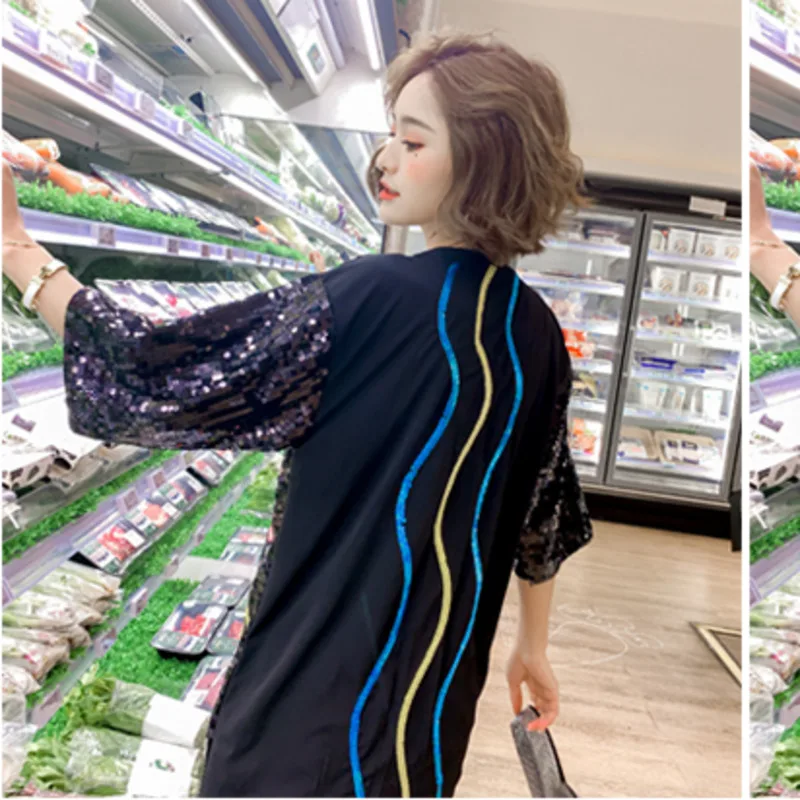 

Vefadisa Eye Print Sequin T-shirt Letter Print Women T-shirt 2021 Summer Short Sleeve Long Top Streetwear Women T-shirt QYF2444