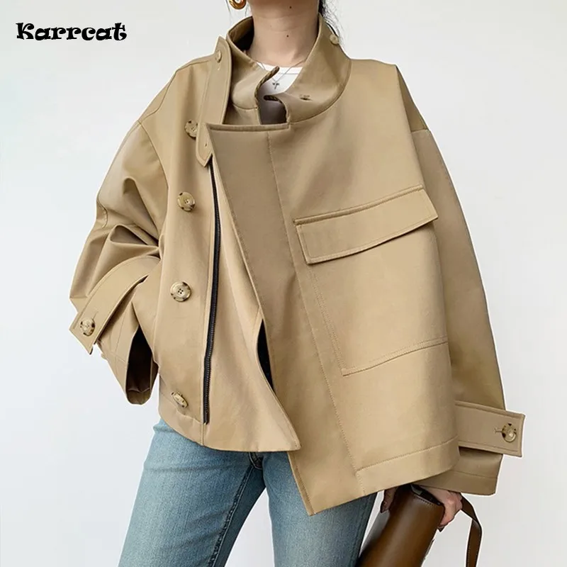 

Karrcat Designer Jackets For Women Stand Collar Long Sleeve Patchwork Korean Pockets Large Size Loose Coats Female 2021 Clothes
