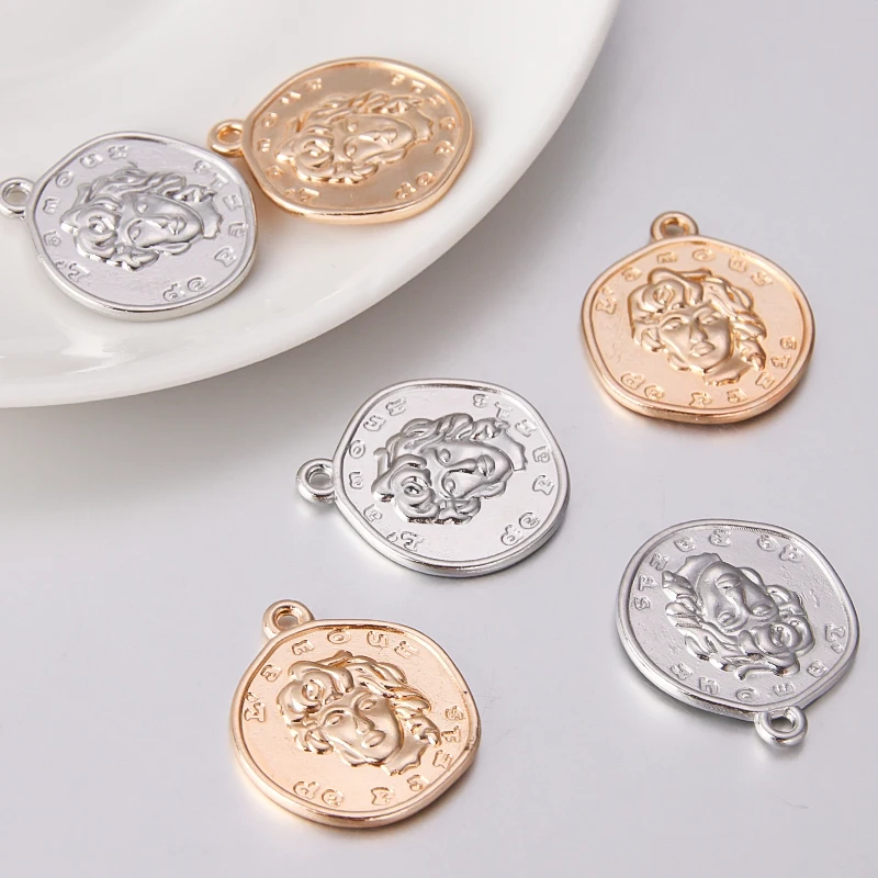 

10pcs/lot Gold Plated Round Portrait Coin Pendants For Jewelry Making Delicate Textured Human Face Medallion Pendant Charm