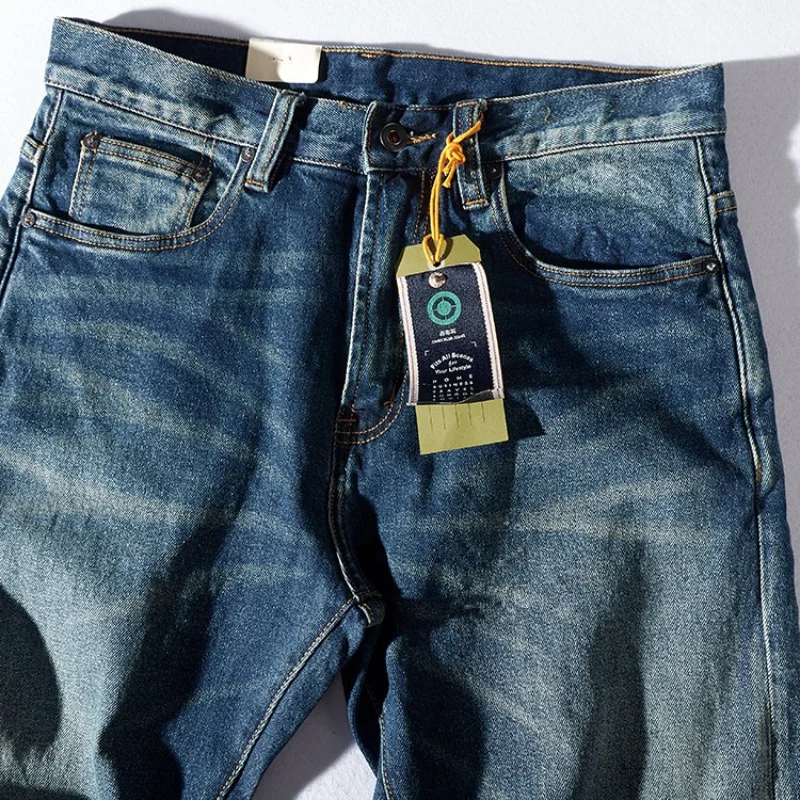 Autumn and Winter Thick Stretch Worn Looking Washed-out Jeans Men 's American Straight -Leg Trousers