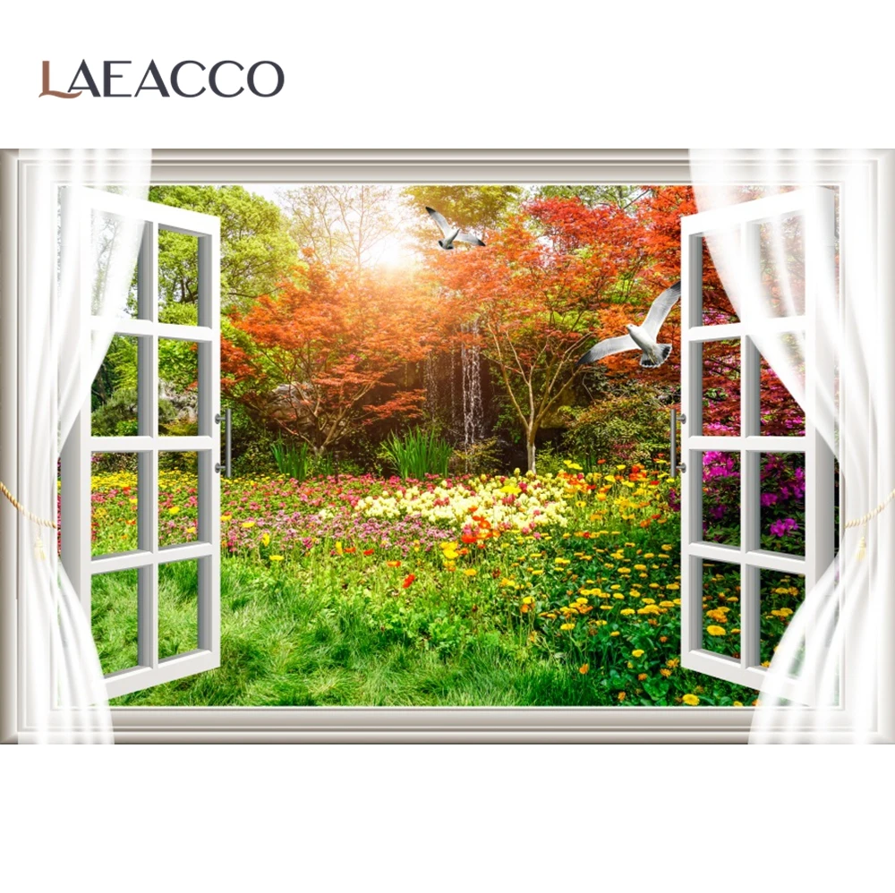 Laeacco весенние цветы окно зеленое дерево фотографии фоны сельская природа