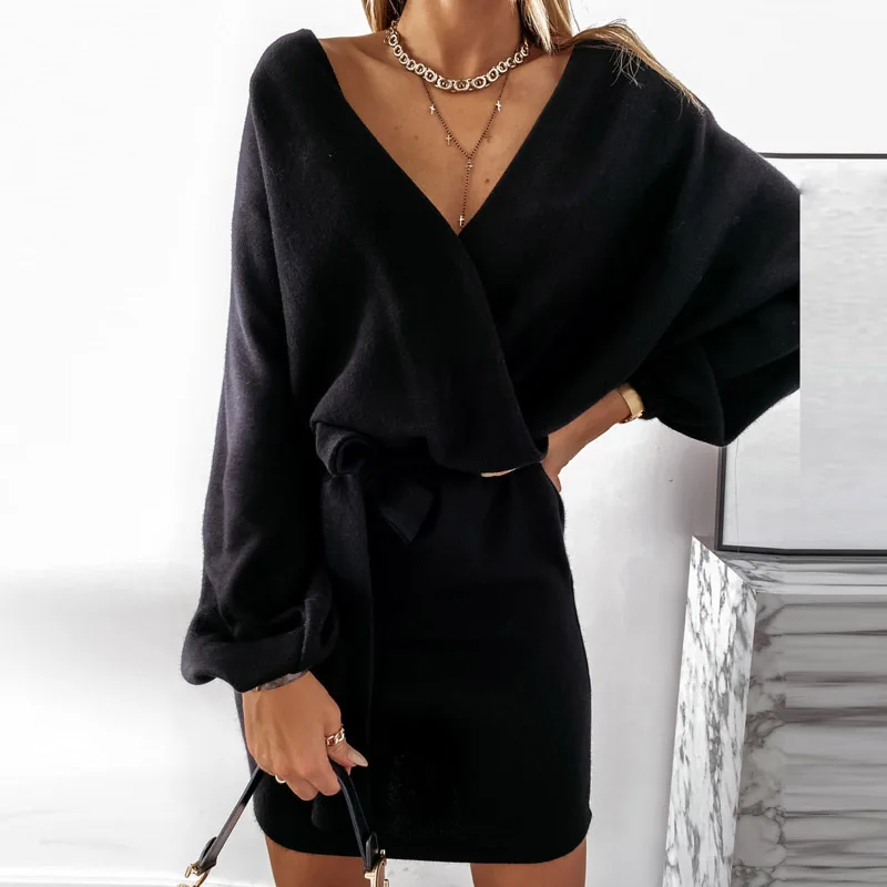 

Autumn Winter Long Sleeve Bandage Party Dress Casual Patchwork Lace Sheer Women Dress Office Lady Sexy V Neck Slim Knitted Dress