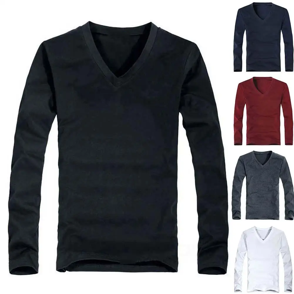Повседневный Однотонный мужской пуловер с длинным рукавом и V-образным вырезом